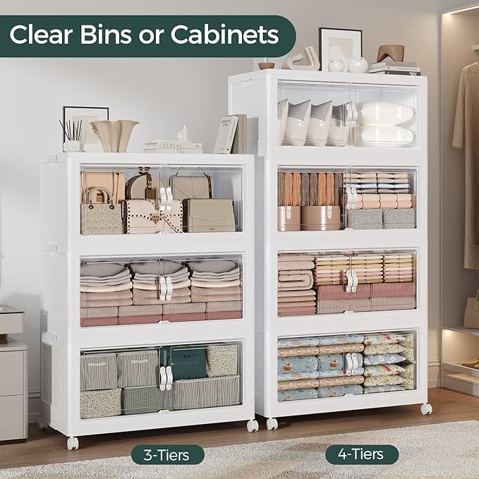 600QT Extra Large Stackable Storage Bins with Lid, 150Gal Collapsible Closet Organizer Box with Wheels, Folding Plastic Storage Cabinet with Doors for Home Kitchen Office Dorm, 5Pack White