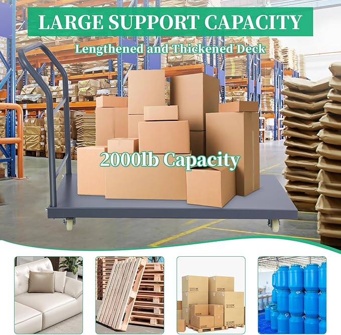 Heavy Duty Flatbed Cart 48"x24" Platform Truck, 2000 lbs Capacity Steel Hand Truck with 4 Swivel Wheels, Industrial Utility Push Cart for Warehouse, Garage, and Moving Supplies