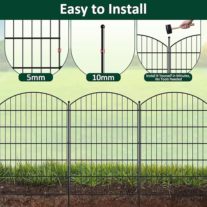 No Dig Dog Fence Outdoor for Yard: Heavy Duty Garden Fence Animal Barrier 10 Panels Metal Fencing Panels 32IN H x 23.6IN W with Ground Stakes for Dog Containment, Backyard Safety