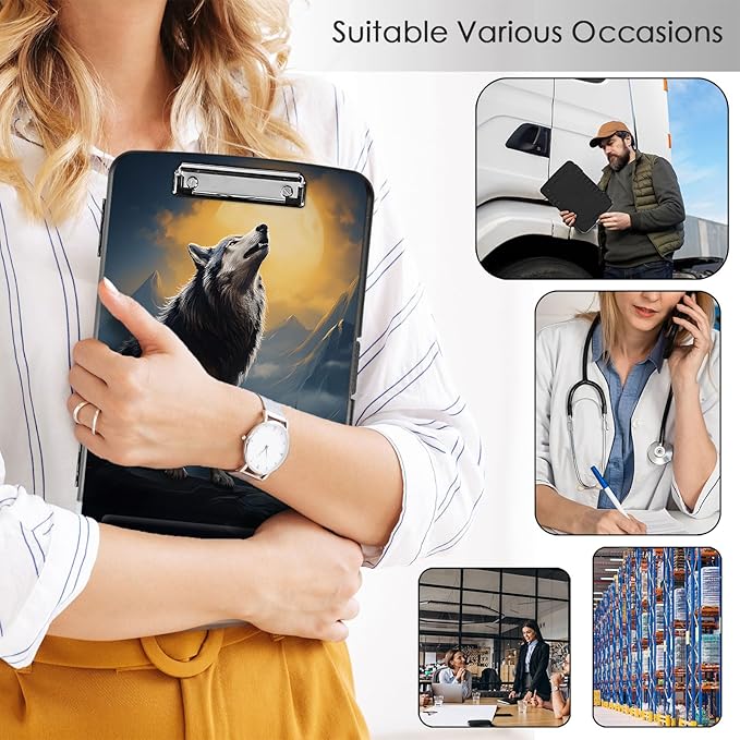 Clipboard with Storage,Office Supplies Nursing Clipboards Folder with Pen Holder Plastic Storage ClipBoard Foldable for Teacher Nurse,Wolf with Full Moon