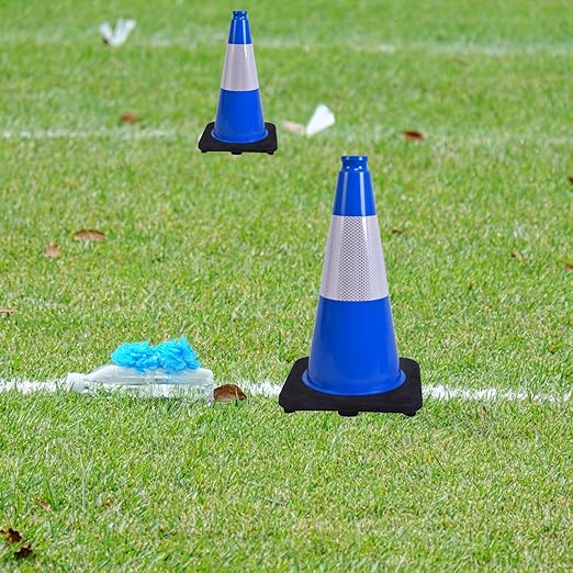 4 Pack 18 Inch Blue Safety Cones Durable with Black Base, Driveway Markers, Skating Practice, Pet Agility Training, Parking Lot Use (4, Blue, 18 Inch)
