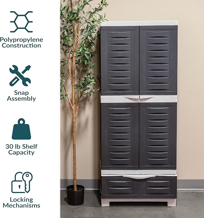 Sunnydaze Lockable Storage Cabinet - Indoor or Garage Storage Cabinet with 3 Adjustable Shelves - 57.5" H - Garage, Office, Home, Laundry Room - Charcoal