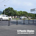 6-Set Pack 40" inch Black Yellow Work Zone Chain Post Set, 6 x 6.6' Feet Plastic Chains, Portable Crowd Control Stanchion Set, Traffic Queue Delineator Post Cones (Black-Rubber Base)