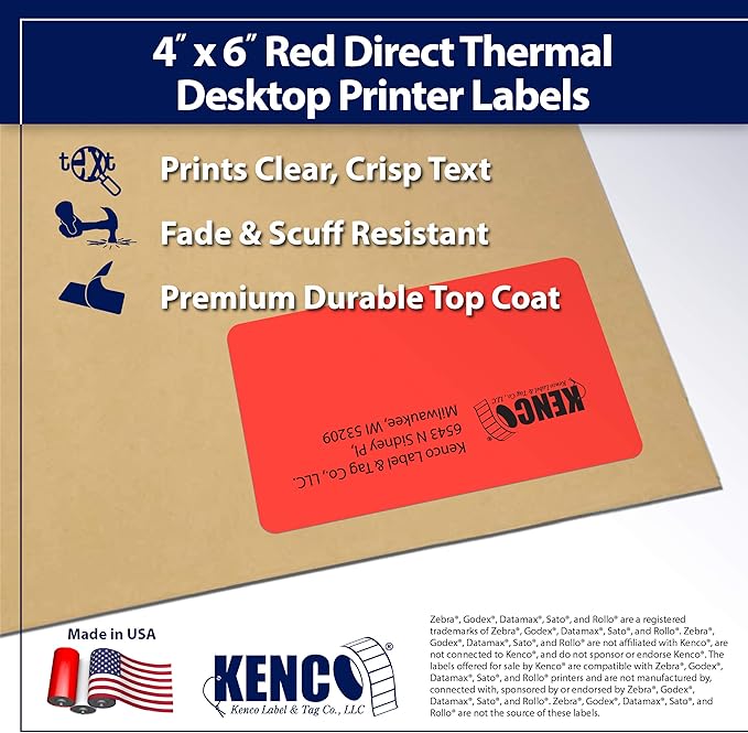 4" X 6" Direct Thermal Perforated Stickers Labels for Shipping Labels, Inventory, and Color Coding - Compatible with Zebra, Rollo, Godex and More (Red, 48 Rolls)