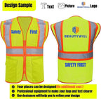 BeautyWill Custom Safety Vest Customized Logo Class 2 High Visibility Reflective Vest with Pockets Construction workwear