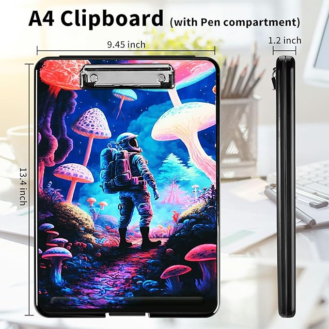A4 Clipboards,Heavy Duty Waterproof Nursing Plastic Folder Clipboard with Storage Clip Boards,File Folder Storage Box Clipboard Case for Teacher,Doctor,Offices,Astronaut Under Mushroom