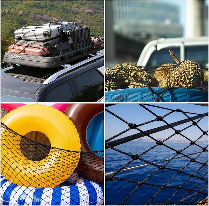 Elastic Cargo Net for Pickup Truck Bed (4' X 6' Stretches to 8' X 12'), Heavy Duty Cargo Net with 12 Pcs Steel Carabiners & 12 Pcs Sturdy Plastic Carabiners, for SUV, ATV, Trailer Tarp