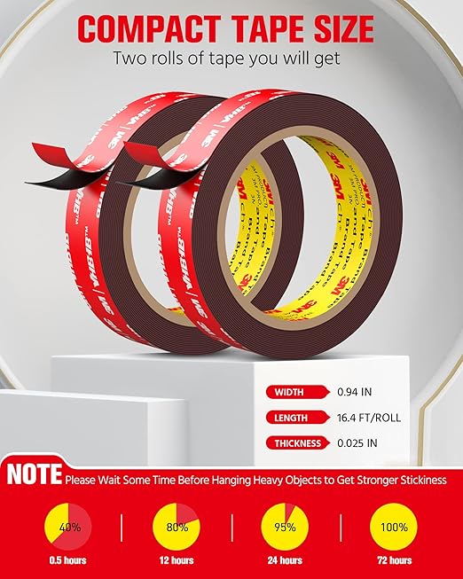 Double Sided Tape Heavy Duty (2 Pack), Waterproof Strong Mounting Adhesive Tape for Walls, Car, Home Decor, Office Decor, Made of 3M VHB Tape (16.4FT x 0.94IN)