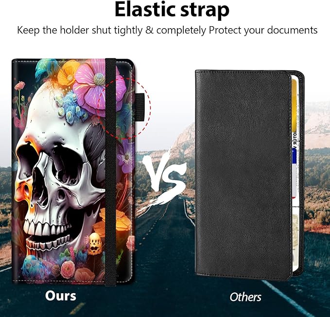 Car Registration and Insurance Holder, Leather Car Glove Box Organizer, Cool Car Accessories for ID, Driver's License Cards & Essential Document,business cards,Men&Women,Skull Flower