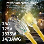 HUANCHAIN 6 ft 14/3 Gauge Heavy Duty Outdoor Extension Cord Waterproof with Lighted, Flexible Cold Weather 3 Prong Electric Cord Outside, 15A 1875W 125V 14AWG SJTW, Yellow, ETL Listed