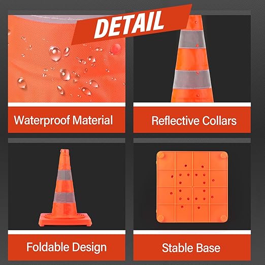 RoadHero 28 Inch 8 Pack Collapsible Traffic Cones, Multi Purpose Pop-up Orange Cones with Reflective Collar for Road Safety, Parking Cones for Sports, Driving Training