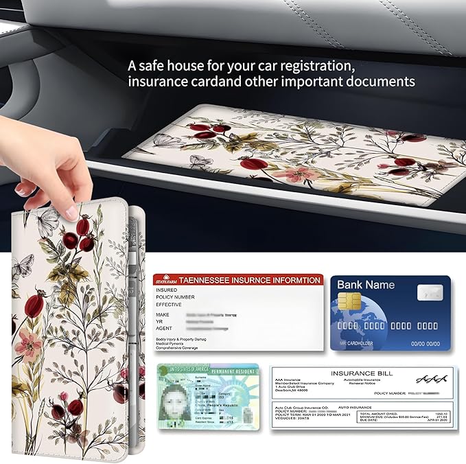 Premium Car Registration and Insurance Card Holder, Cute PU Leather Car Document Holder, Vehicle Glove Box Car Organizer with Magnetic Closure for Driver License, Cards Vintage Red Florals