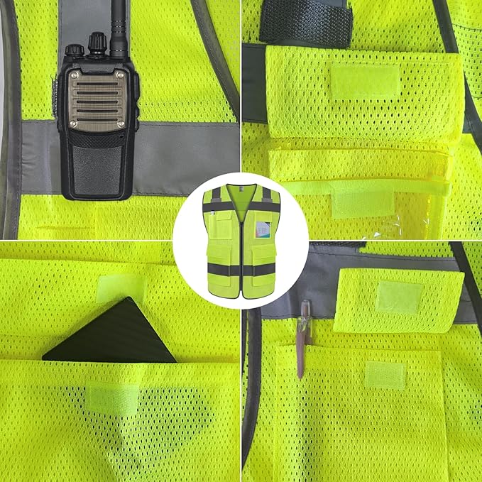 TCCFCCT Mesh Safety Vest for Men Women 5 Pockets Reflective Vest with Reinforced Zipper, High Visibility Construction Work Vest with Tabs for Walkie-talkie, Durable to Use, Meets ANSI/ISEA, Yellow, XXL