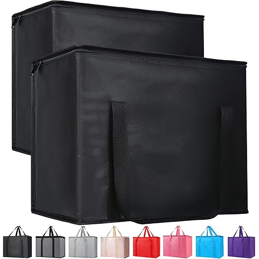 Bodaon 2-Pack Insulated Reusable Grocery Bag Heavy Duty Thermal Tote, X-Large for Frozen Foods Cold Storage, Travel Cooler Shopping Transport Hot Food Delivery, Collapsible Insulated Bags, Black