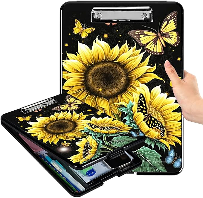 A4 Clipboards,Folder Clipboard with Storage Sunflower Butterfly Heavy Duty Clip Boards Waterproof Nursing Plastic File Folder Storage Box Clipboard Case for Teacher,Doctor,Office