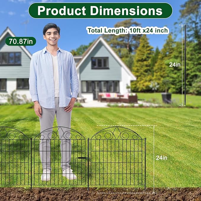 SUNLAX 5 Panels Garden Fence 10ft(L) x 24in(H) Fencing for Yard No Dig Animal Barrier Metal Dog Fence for Patio Outdoor with Gate
