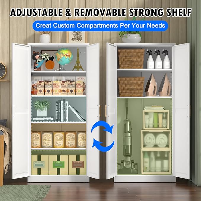 White Kitchen Pantry Cabinet, 71 Inch Tall Metal Storage Cabinet with Doors and Shelves, Pantry Cabinets for Kitchen Storage, Freestanding Cupboard for Living, Dining Room, Assemble Required