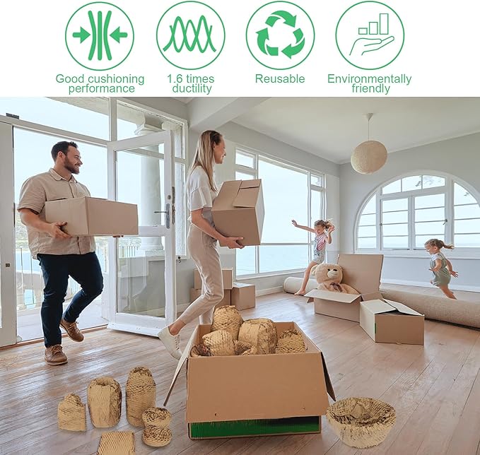 Honeycomb Packing Paper Roll - 19.68'' x 820ft, 200 Fragile Stickers Included | Wine Box, Artwork & Glassware Protector | Heavy-Duty Cushioning Wrap for Shipping, Moving & Gift Packaging