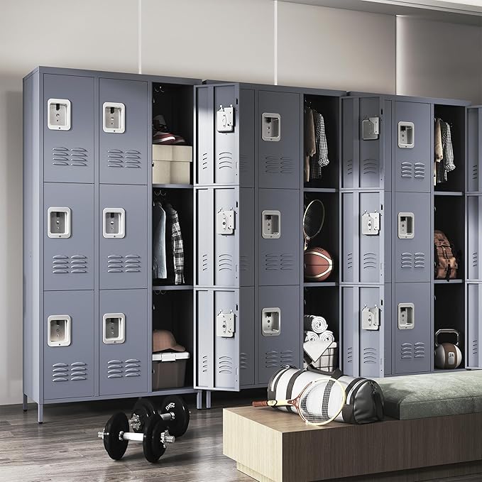 72" Tall Emplyee Locker with Shelves and Hooks 9 Doors Steel Sports Locker for Office Home Bedroom School Gym Garage, Metal Staff Locker Locking Storage Lockers Cabinet,Grey