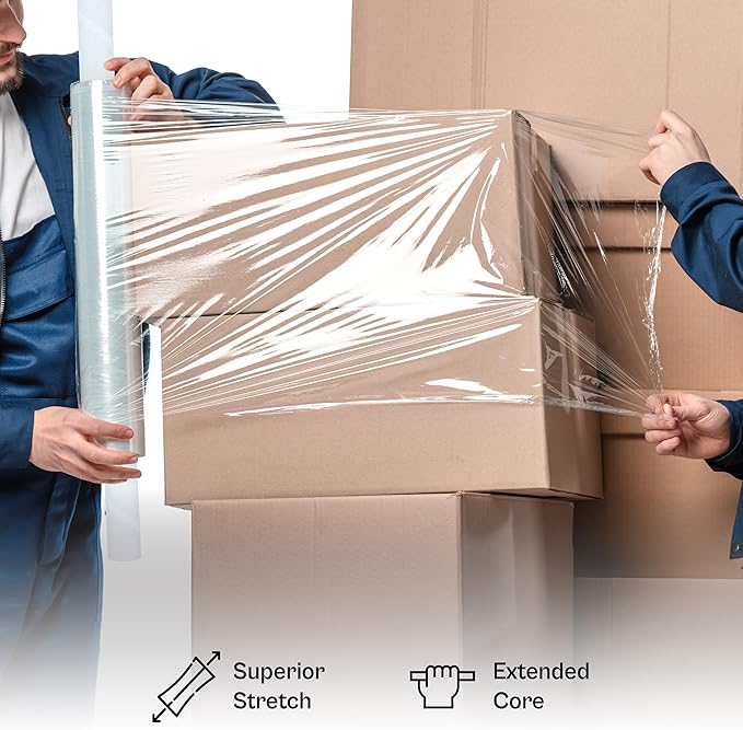 PSBM 4 Rolls 20 Inch x 1000 Feet 80 Gauge Stretch Film/Wrap with Handles, Heavy Duty Industrial Strength Up to 800% Ultimate Stretch, Clear Shrink Plastic Wrap for Moving, Packing, Shipping & Storage