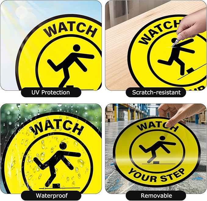 5 Pack Watch Your Step Floor Sticker Anti-Slip Safety Caution Sign 17 × 17 Inches Self Adhesive Vinyl Waterproof Signage for Workplace Stair Public Area
