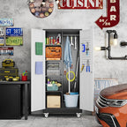 Broom Closet Storage Cabinet with Wheels and Pegboard,Metal Garage Storage Cabinet with Doors and Adjustable Shelves for Garage Home Office,Required Assembly,Black and White