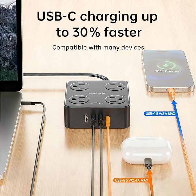 10Ft Power Strip with Surge Protector, 8 Outlets 4 USB Ports Extension Cord, Flat Plug Charging Station for Home Office Desk & College Dorm Essentials, Black