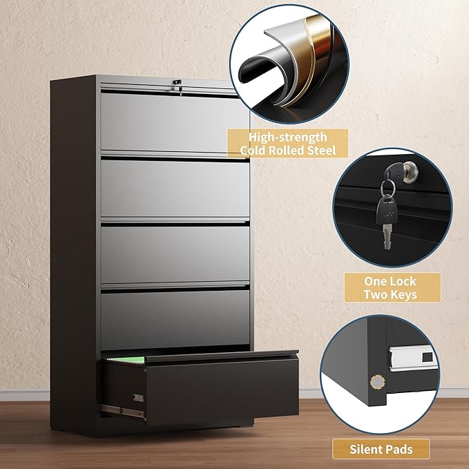5 Drawer File Cabinet with Lock, Lateral Filing Cabinets,Metal Storage Filing Cabinets for Home Office, Heavy Duty File Cabinet for Letter/Legal/A4/F4 Size Amssebly Required, Black
