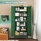 Metal Pantry Cabinet with 2 Doors and 5 Adjustable Shelves, 75"Kitchen Storage cabinets with Gold Handles, Versatile Storage for Laundry Room, Living Room, Bathroom, Dinning Room, Utility Room-Green