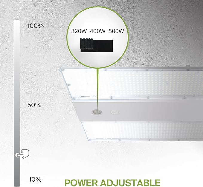 ASD LED Linear High Bay Light Fixture, Commercial Shop Lighting | Dimmable, Power Adjustable, DLC Premium, UL Listed | 500W 75000LM 5000K 100-277V | Warehouse, Garage, Workshop Lamp | White