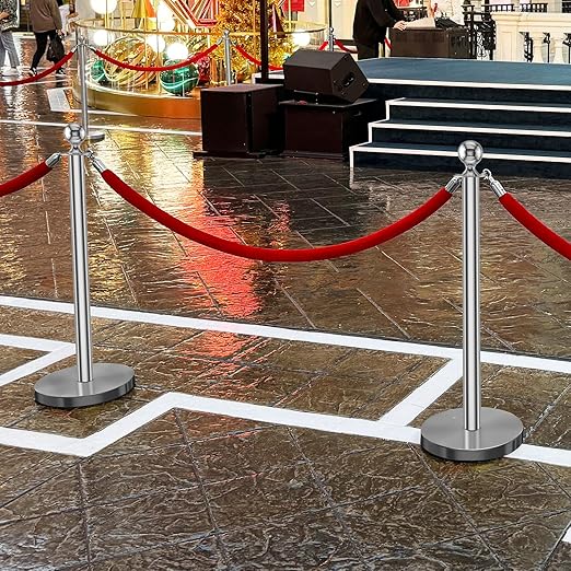 kaiyomi 8Pcs Stanchions with Red Velvet Ropes Set, 5 Feet Velvet Ropes and Posts Poles for Red Carpet Party Decoration and 360° Photo Booth (Silver)