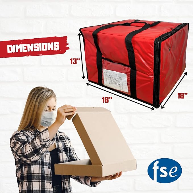 FSE Insulated Pizza Food Delivery Bag Carrier, 18 Inch x 18 Inch x 13 Inch, Breathable Design, Fits Five 16" Pizza Boxes, or Four 18" Pizza Boxes, for Hot or Cold Items, Red