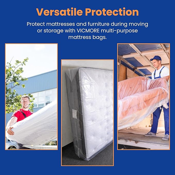 VICMORE 2-Pack Queen Mattress Bags for Moving & Storage – 4 Mil Heavy-Duty Plastic Mattress Cover, Tear-Resistant & Odorless, Reusable & Recyclable