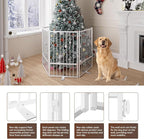 6 Panels Full Metal Freestanding Dog Gates with Door, 120” W x 32” H Folding Pet Gate Fence with Support Feet for Indoor,Stairs, Hallways and Doorways(White)