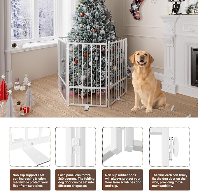 6 Panels Full Metal Freestanding Dog Gates with Door, 120” W x 32” H Folding Pet Gate Fence with Support Feet for Indoor,Stairs, Hallways and Doorways(White)