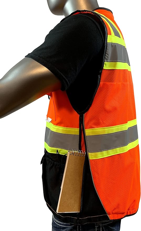 C Vest for Mens Safety Vest With Zipper and Utility Pockets Premium Black Series Surveyors Vest (Large, Orange/Black)