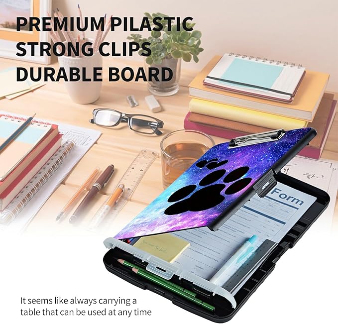 Clipboard with Storage High Capacity Plastic Nursing Clipboards with Pen Holder File Folder Storage Box Clipboard with Heavy Duty Clips for Teacher,Doctor,Offices-Animals Dog Paws Galaxy