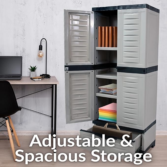 Sunnydaze Lockable Storage Cabinet - Indoor or Garage Storage Cabinet with 3 Adjustable Shelves - 57.5" H - Garage, Office, Home, Laundry Room - Gray