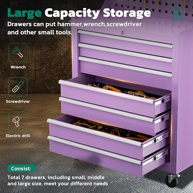 Greenvelly 7-Drawer Metal Tool Chest, Rolling Tool Chest with Wheels, Tool Cabinet with Detachable Top Tool Box, Metal Tool Cart with Liner & Hooks for Garage, Workshop, Warehouse (Purple)