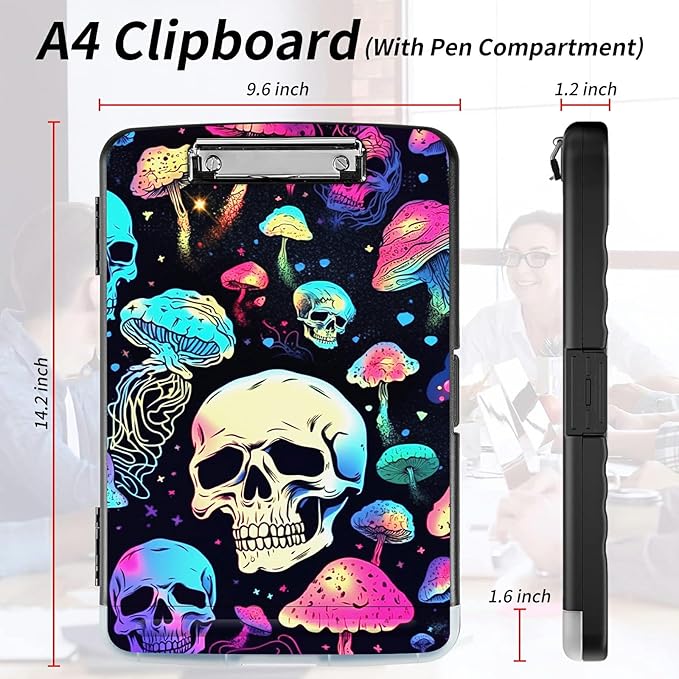 File Clipboard Storage with Pen Holder High Capacity Plastic Nursing Clipboards File Folder Storage Box Clipboard with Heavy Duty Clips for Teacher,Doctor,Offices-Mushroom Skull