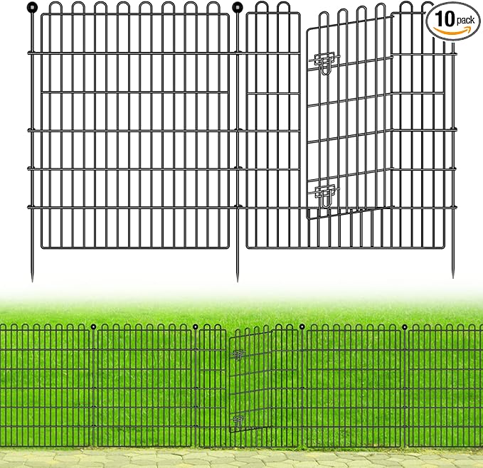 10 Panels No Dig Decorative Garden Fence with Gate for Yard, 32 in(H) X 23.6 ft(L) Animal Barrier Fencing for Outdoor Dog, Metal Portable Garden Fences for Borders, Pets, Landscape, Temporary Fence