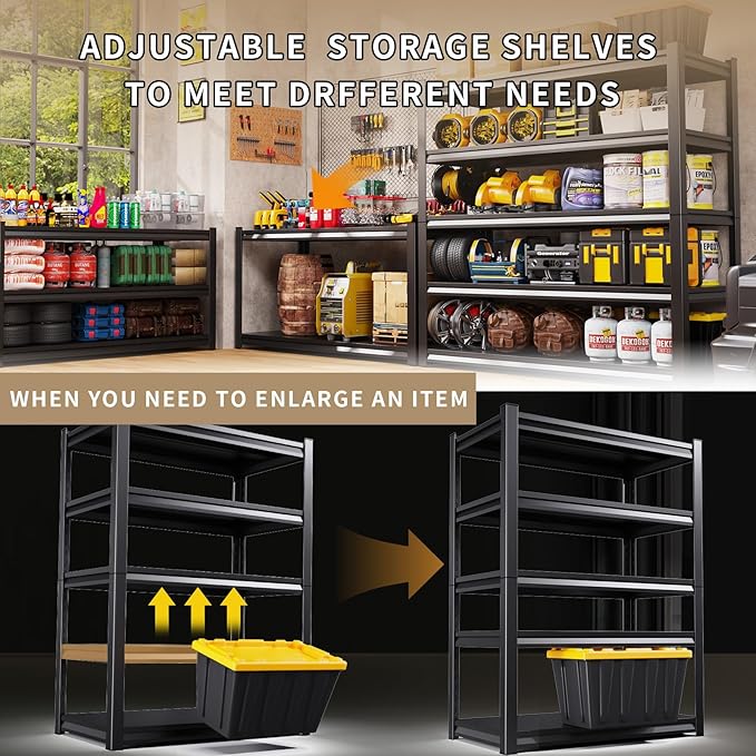 72" H/59 W Garage Shelving Heavy Duty Storage Shelves Adjustable Garage Shelves 5 Tier Metal Shelving Unit Utility Rack Shelf for Kitchen Warehouse Pantry Storage, Black, 72" H x 59" W x 20" D
