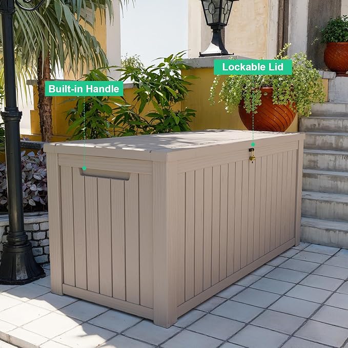 200 Gallon Resin Deck Box, Lockable Patio Outdoor Storage Box for Furniture, Garden Tools and Tools Storage, Waterproof Outside Storage Boxes - Grey