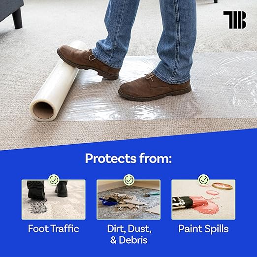 Carpet Protector Film, 36 inch x 500 feet, Made in The USA, Self Adhesive Carpet Protection Film with Easy Unwind and Clean Removal, Strong and Durable Covering for Construction