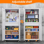 Aobabo Metal Storage Cabinet with Wheels and 1 Interior Drawer, Steel Rolling Tool Cabinet with 16 Hooks and 2 Adjustable Shelves for Garage, Home, Office, Kitchen Assembly Required, White