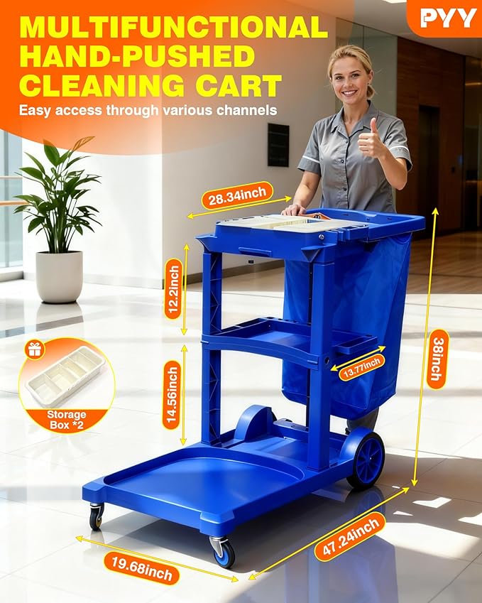 PYY Janitorial Cart - 3-Shelf & 2 Bins Cleaning Carts On Wheels, Smooth Swivel Caster, 65L Collection Bag, 300LBS Load Capacity, Sturdy Cleaning Cart for Housekeeping, Janatorial Cleaning (Blue)