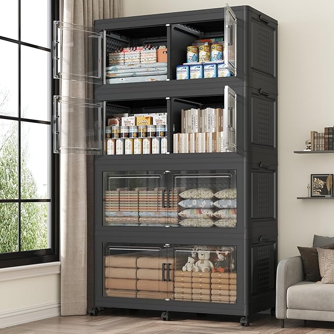 160Gal Stackable Storage Bins with Lid, 640Qt Extra Large Collapsible Storage Box with Wheels, Dividers, Folding Plastic Cabinet Closet Organizers for Home Kitchen Office Dorm, 4Pack Black