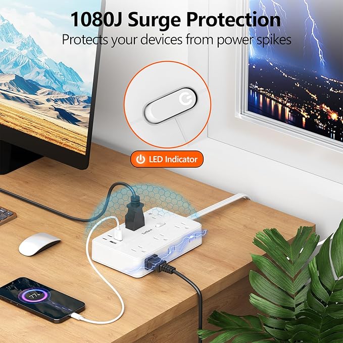 Surge Protector Power Strip 10 FT Flat Extension Cord ，10 AC Outlets & 4 USB Ports(5V/3.4A 17W), 1080J ，Wall Mountable Desktop Charging Station with Flat Plug for Office Supplies and Home, White