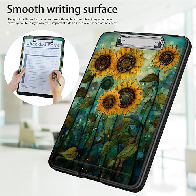 Clipboard with Storage,Office Supplies Nursing Clipboards Folder with Pen Holder Plastic Foldable Clip Board with Storage for Nurse Teacher,Art Sunflowers