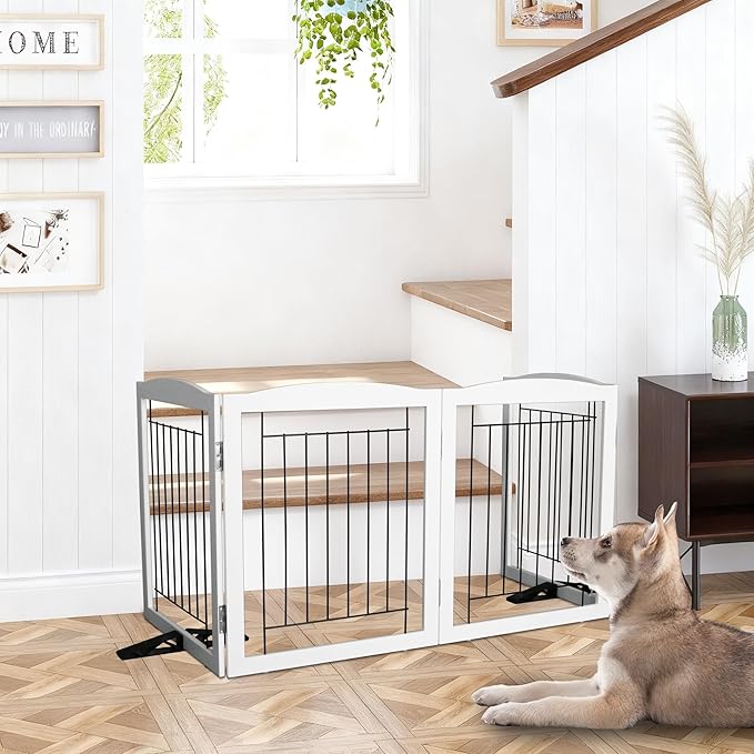 Dog Fence Indoor - 2-Panel Freestanding Dog Gate for Doorways, Hallways, House or Stairs -40x24-Inch Retractable Foldable Expandable Wood Pet by SFJC (White) ﻿